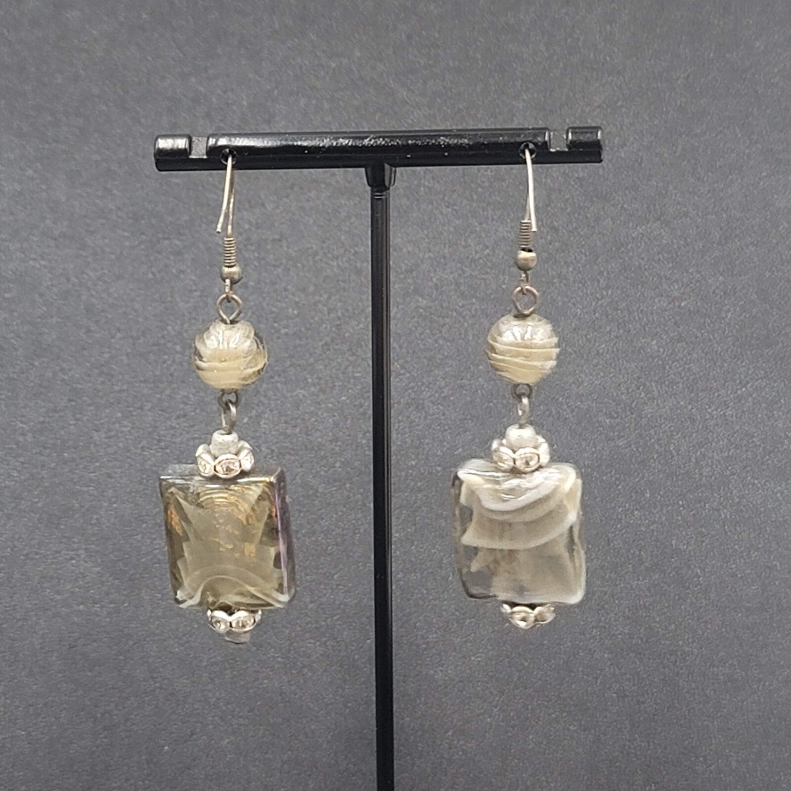 Pierced Earrings Gray White Swirl Art Glass Bead 2"