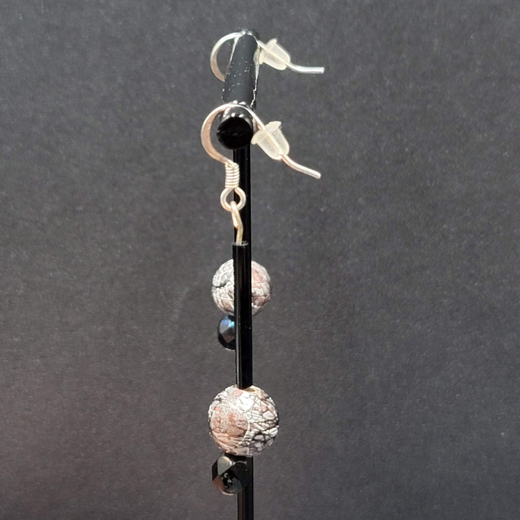 Pierced Earrings Silver tone Black Glass Bead Hand Painted 1.75"