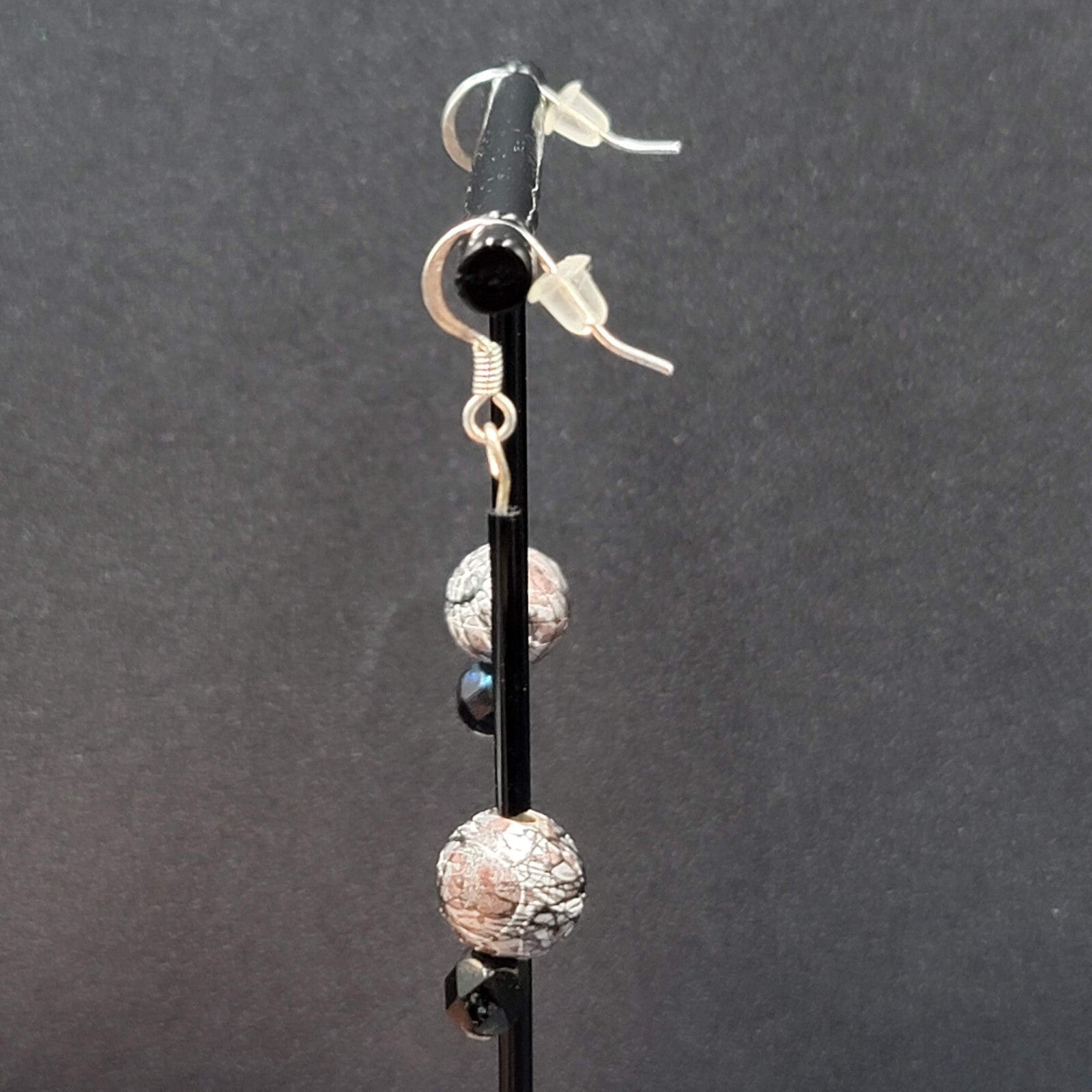 Pierced Earrings Silver tone Black Glass Bead Hand Painted 1.75"