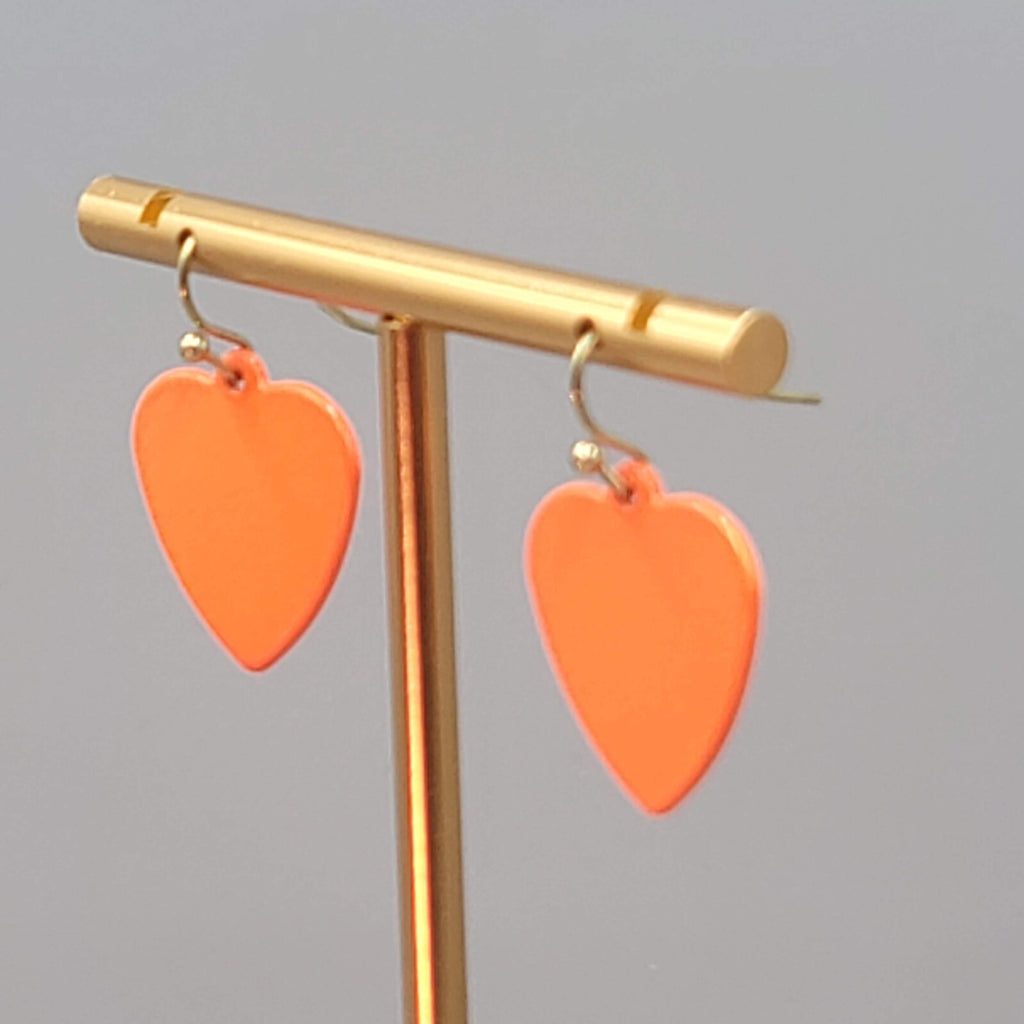 Orange Enamel Heart Pierced Earrings Dangle 3/4"