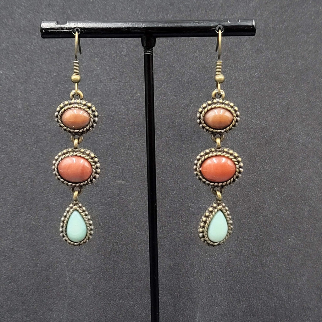 Pierced Earrings Bronze tone Dark Red Light Blue Dangle 2"