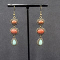 Pierced Earrings Bronze tone Dark Red Light Blue Dangle 2"