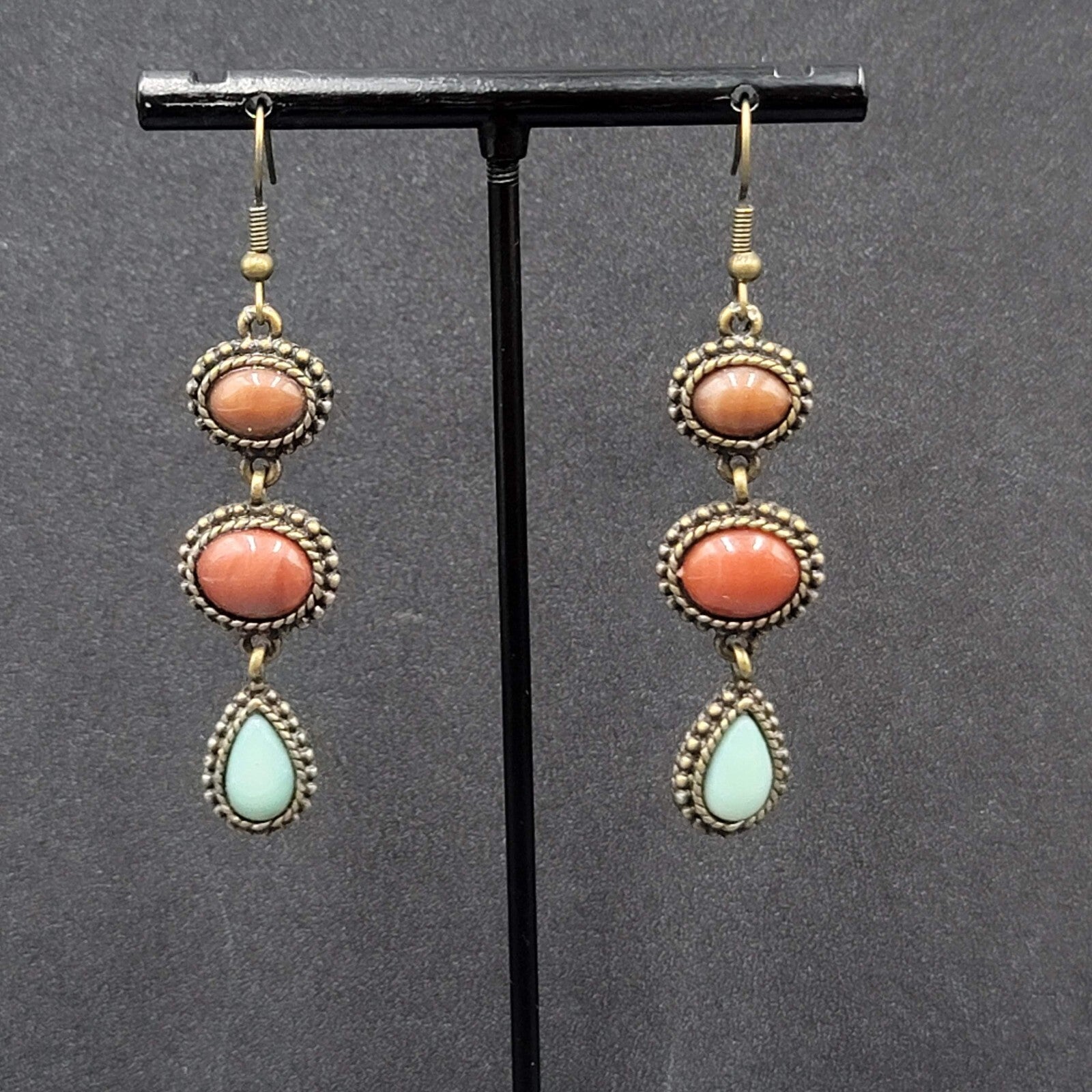 Pierced Earrings Bronze tone Dark Red Light Blue Dangle 2"