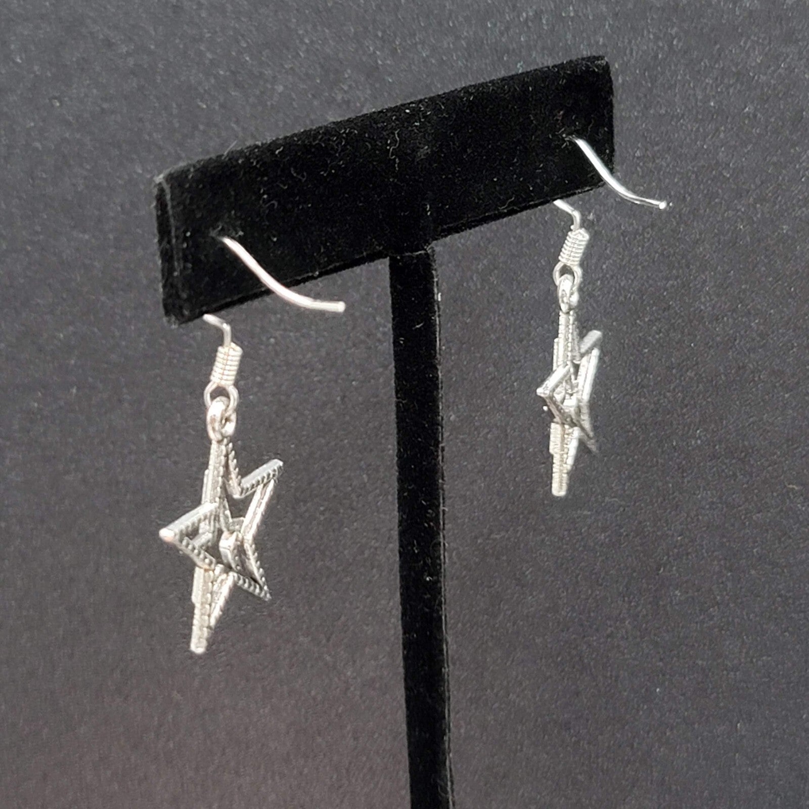 Pierced Earrings Silver tone Dangle Double Open Star 7/8"