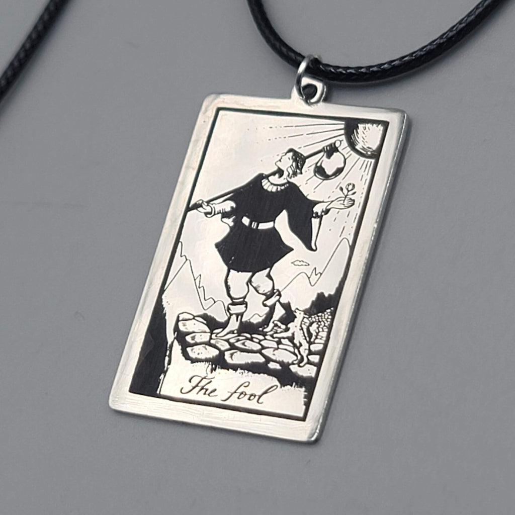 The FOOL Tarot Card Pendant Necklace Major Arcana Silver tone Black Cord 18" Adj