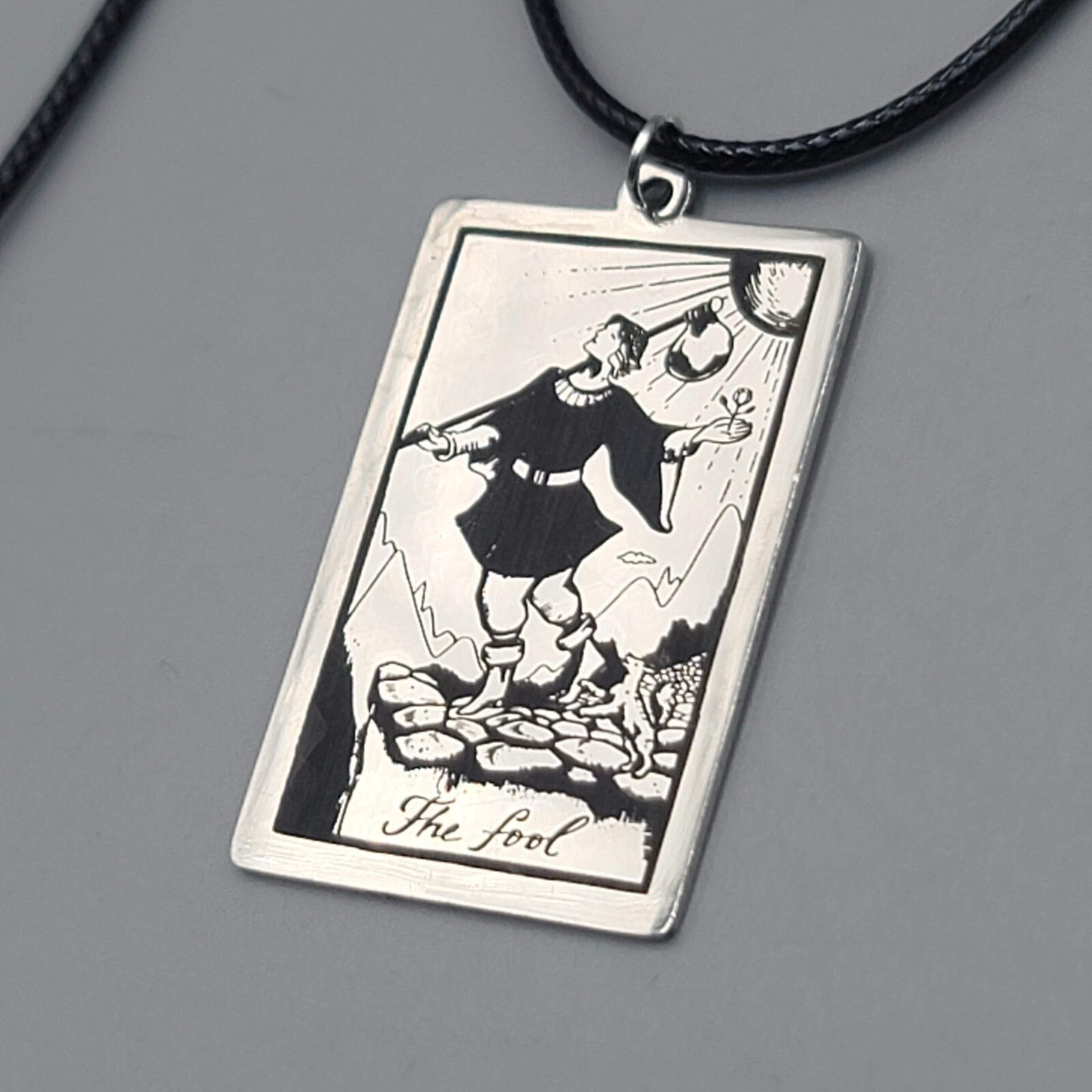 The FOOL Tarot Card Pendant Necklace Major Arcana Silver tone Black Cord 18" Adj