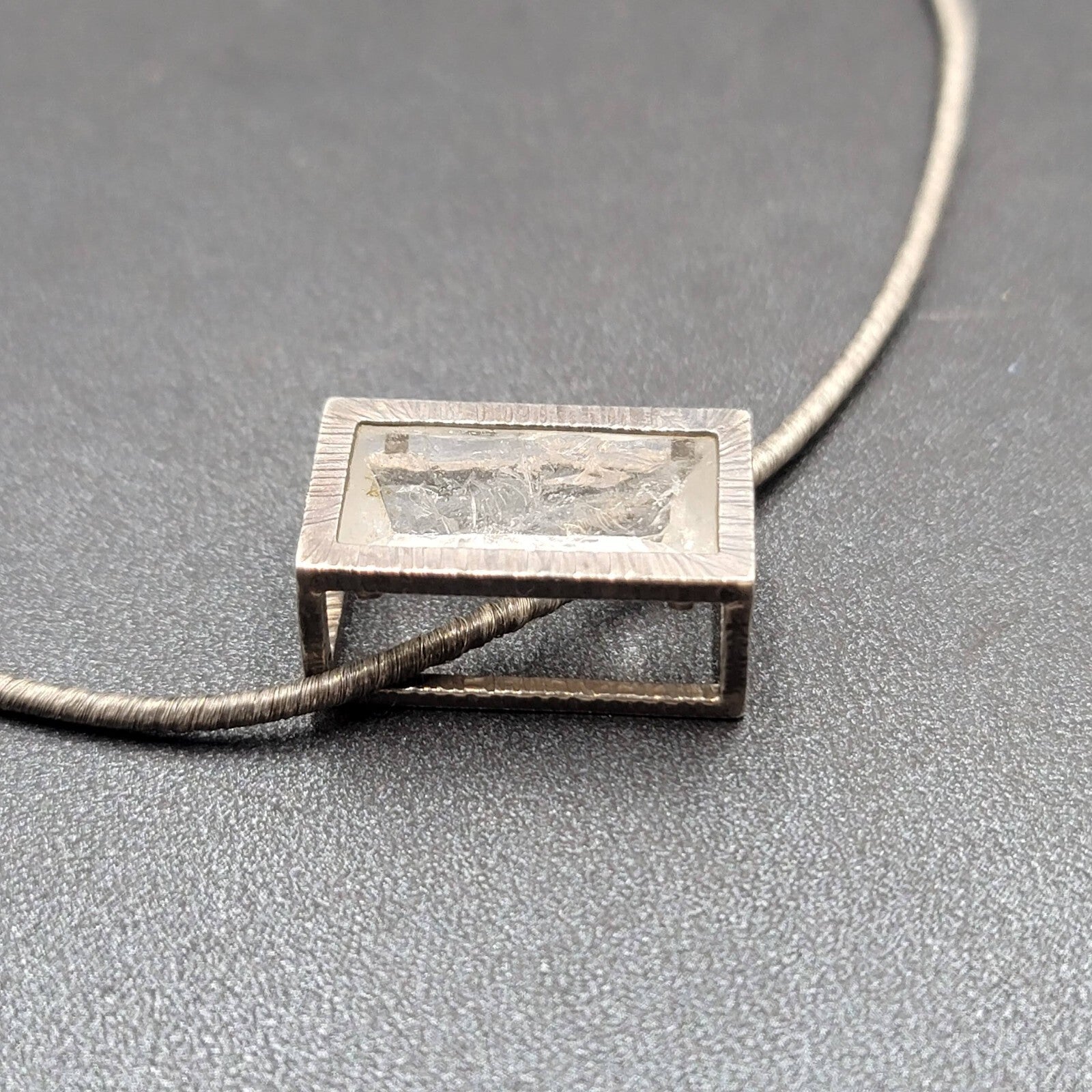 Quartz Crystal Necklace Unique Silver tone Caged Pendant Modernist Look 16.25"