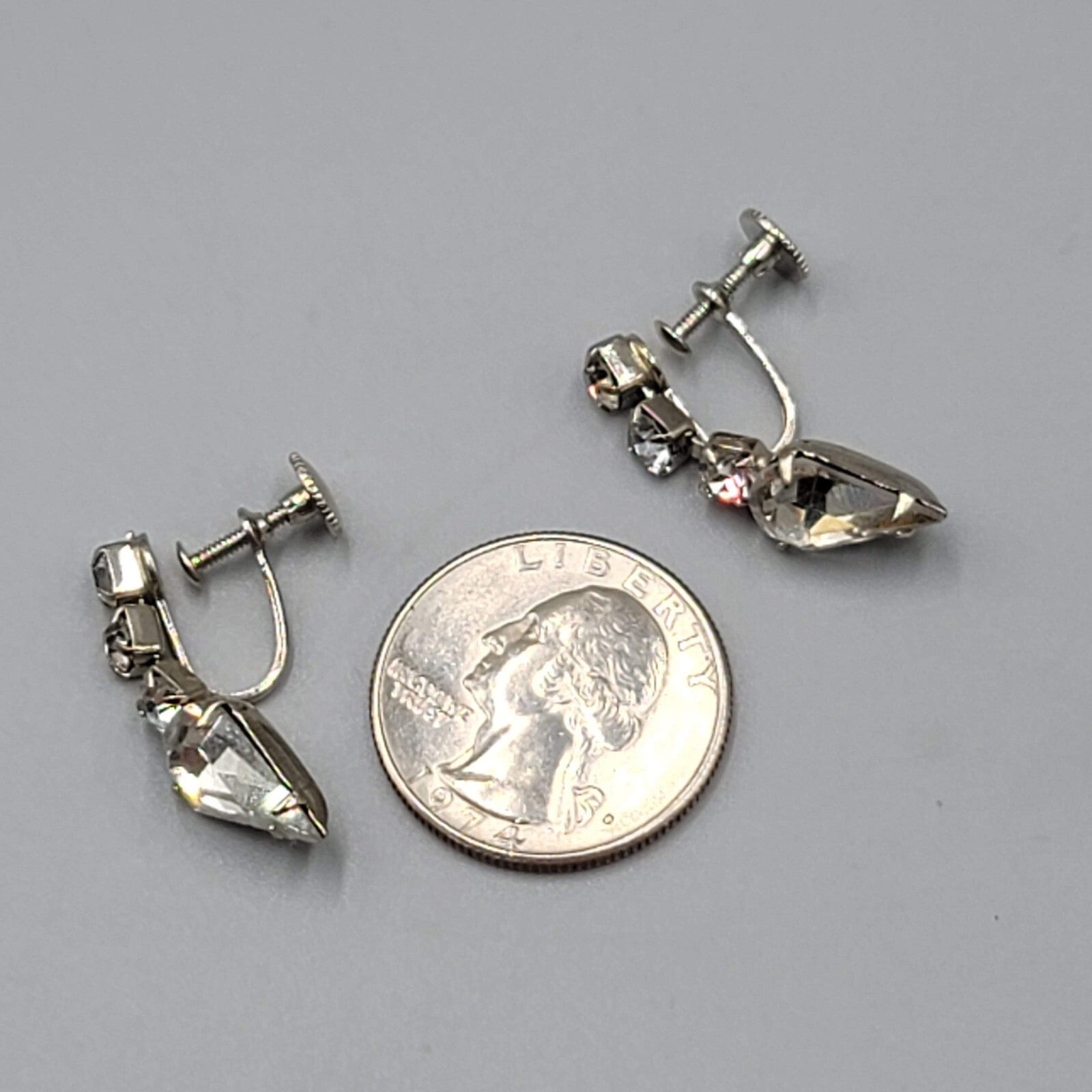 Vintage Rhinestone Clip on Earrings Silver tone Screw Back Drop 1 1/8"