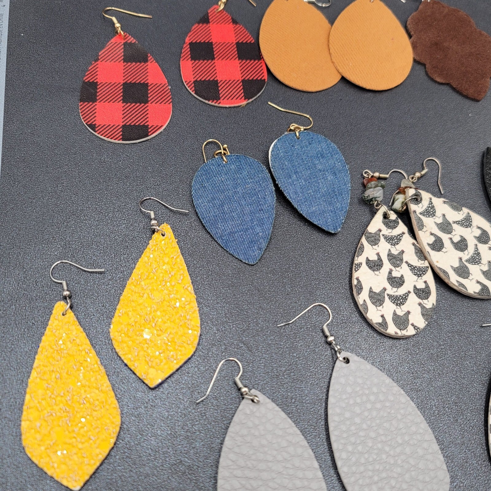 Lot of 9 Pierced Earrings Teardrop Dangle Multicolor Faux Leather Felt Denim