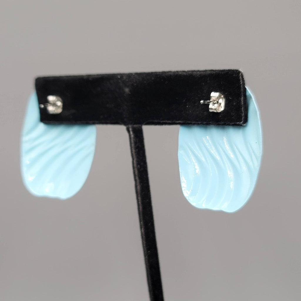 Vintage Pierced Earrings Light Blue Enamel Wavy Rectangle 1.25"