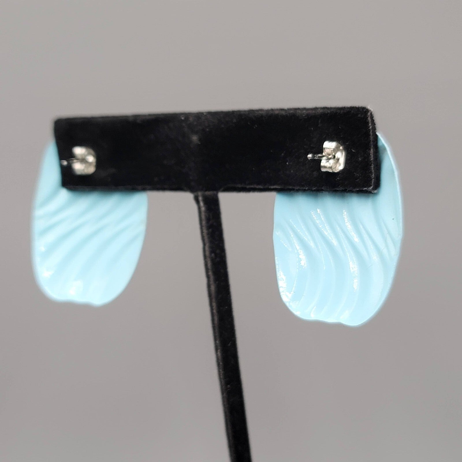 Vintage Pierced Earrings Light Blue Enamel Wavy Rectangle 1.25"