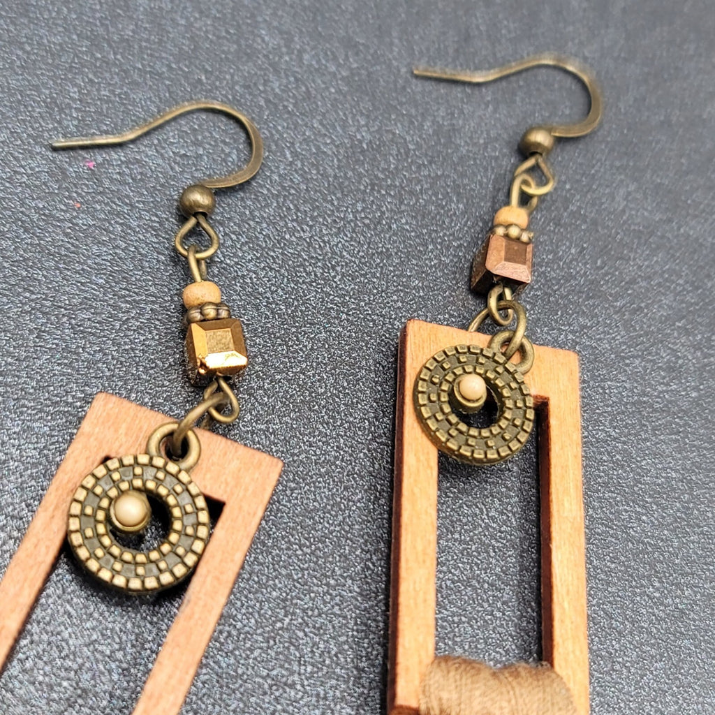 Tassel Pierced Earrings Bronze tone Wood Rectangle Dangle 2.5"