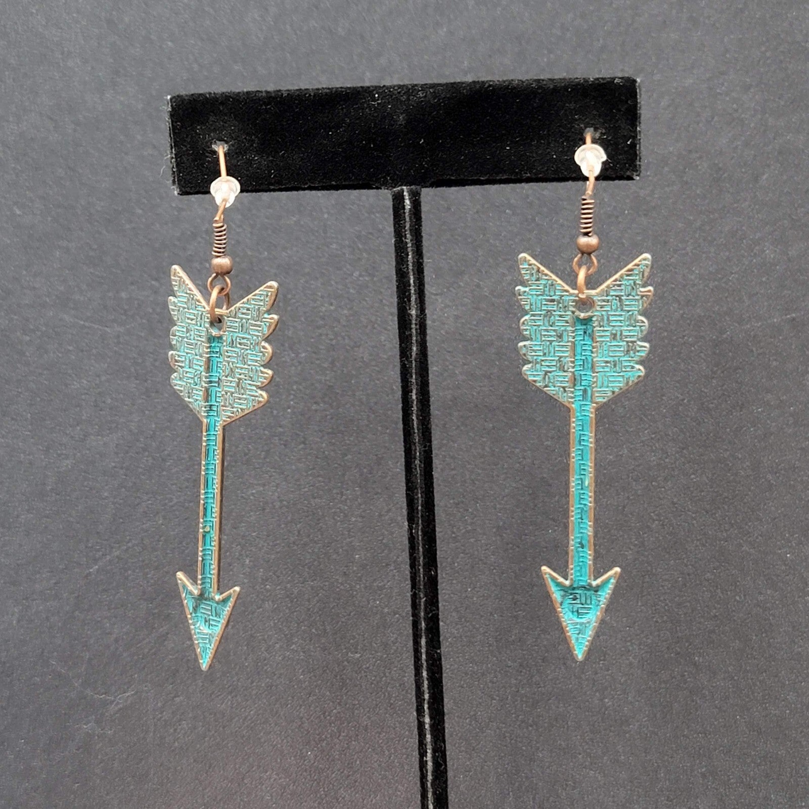 New Boho Pierced Earrings Copper tone Green Enamel Arrow Dangle 2.25"