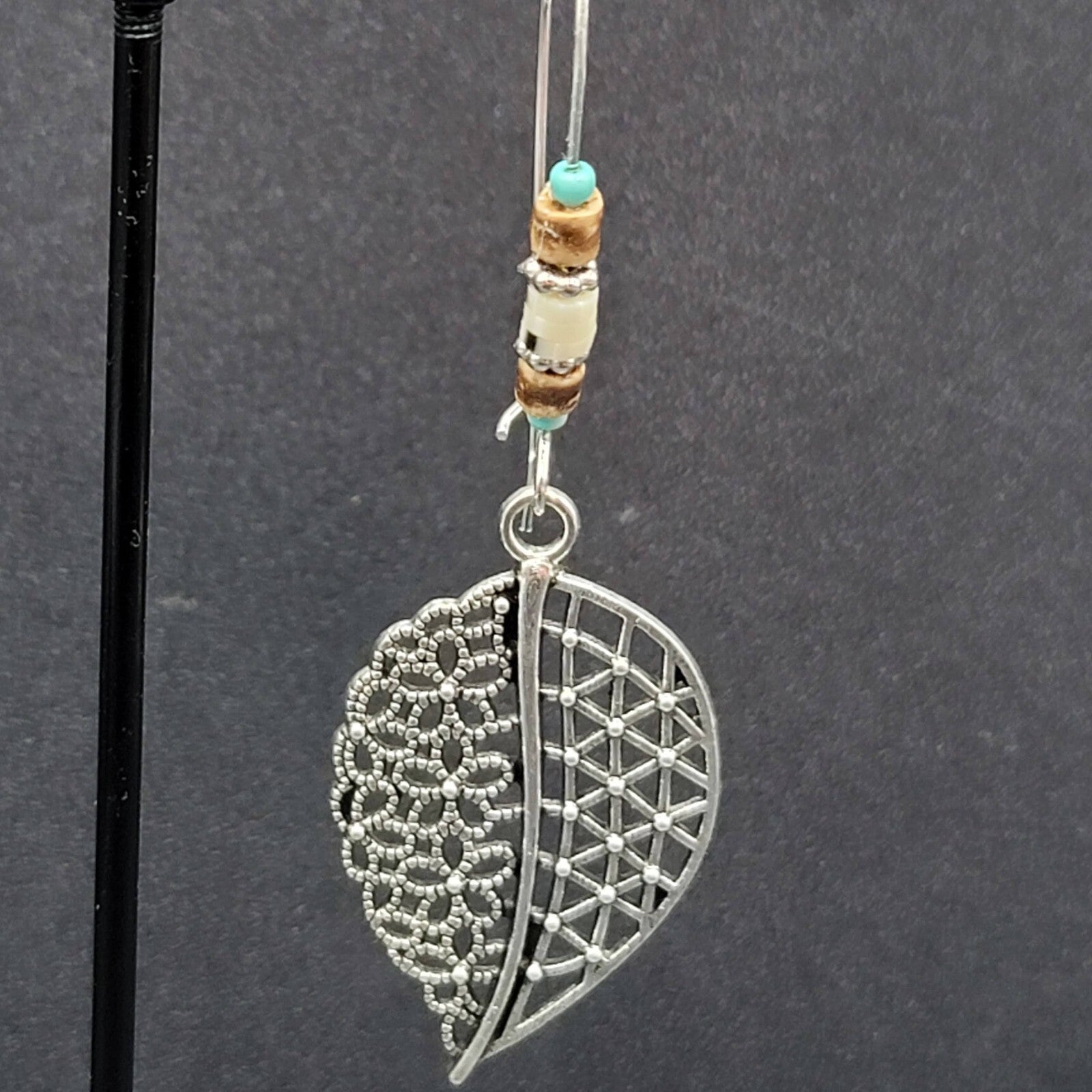 New Boho Pierced Earrings Open Work Leaf Beaded Long 3"