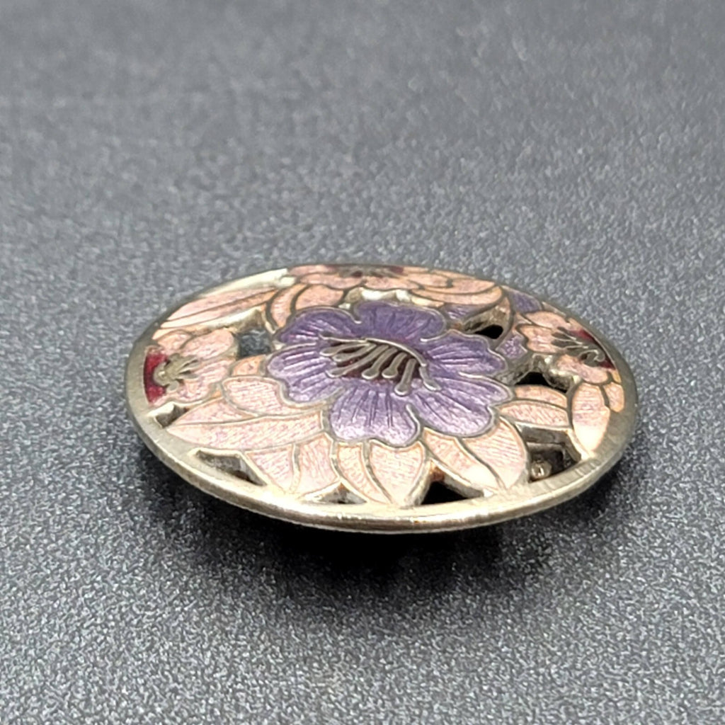 Vintage Cloisonne Brooch Silver tone Round Enamel Iris Flower 1.25"