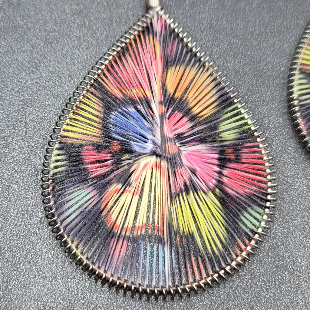 Large Pierced Earrings Silver tone Teardrop String Art Hearts Theme 3.5"