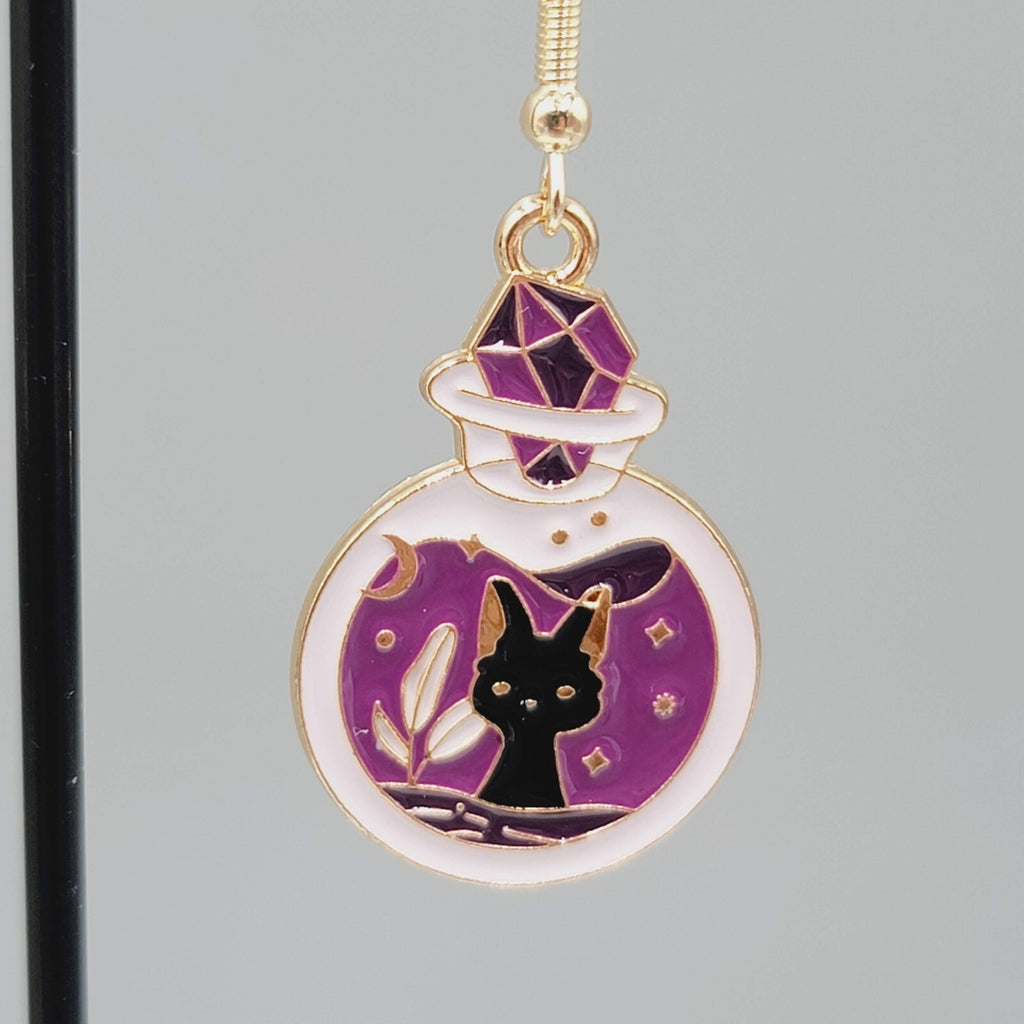 Potion Black Cat Pierced Earrings Enamel Gold tone Dangle New 1 1/8"