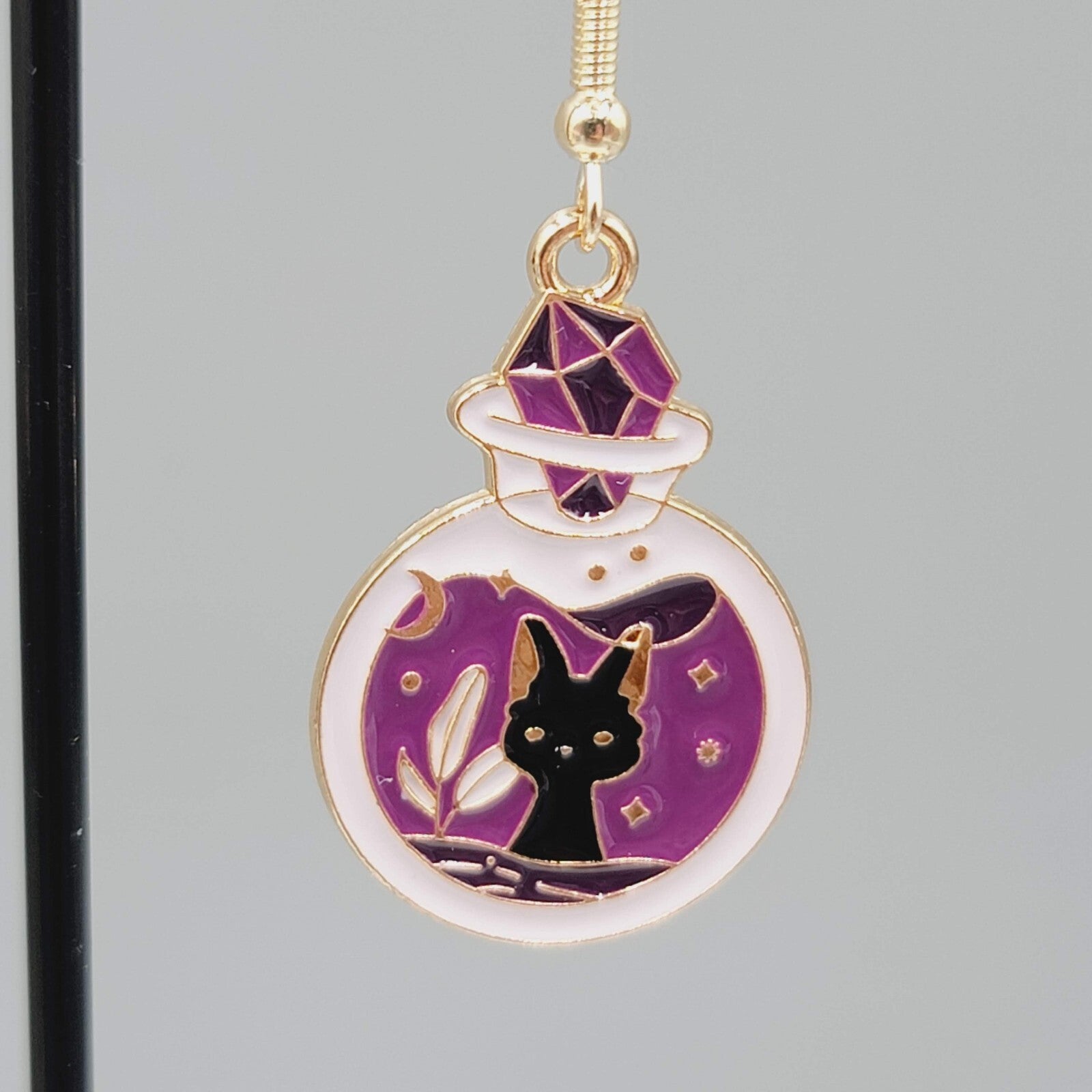 Potion Black Cat Pierced Earrings Enamel Gold tone Dangle New 1 1/8"