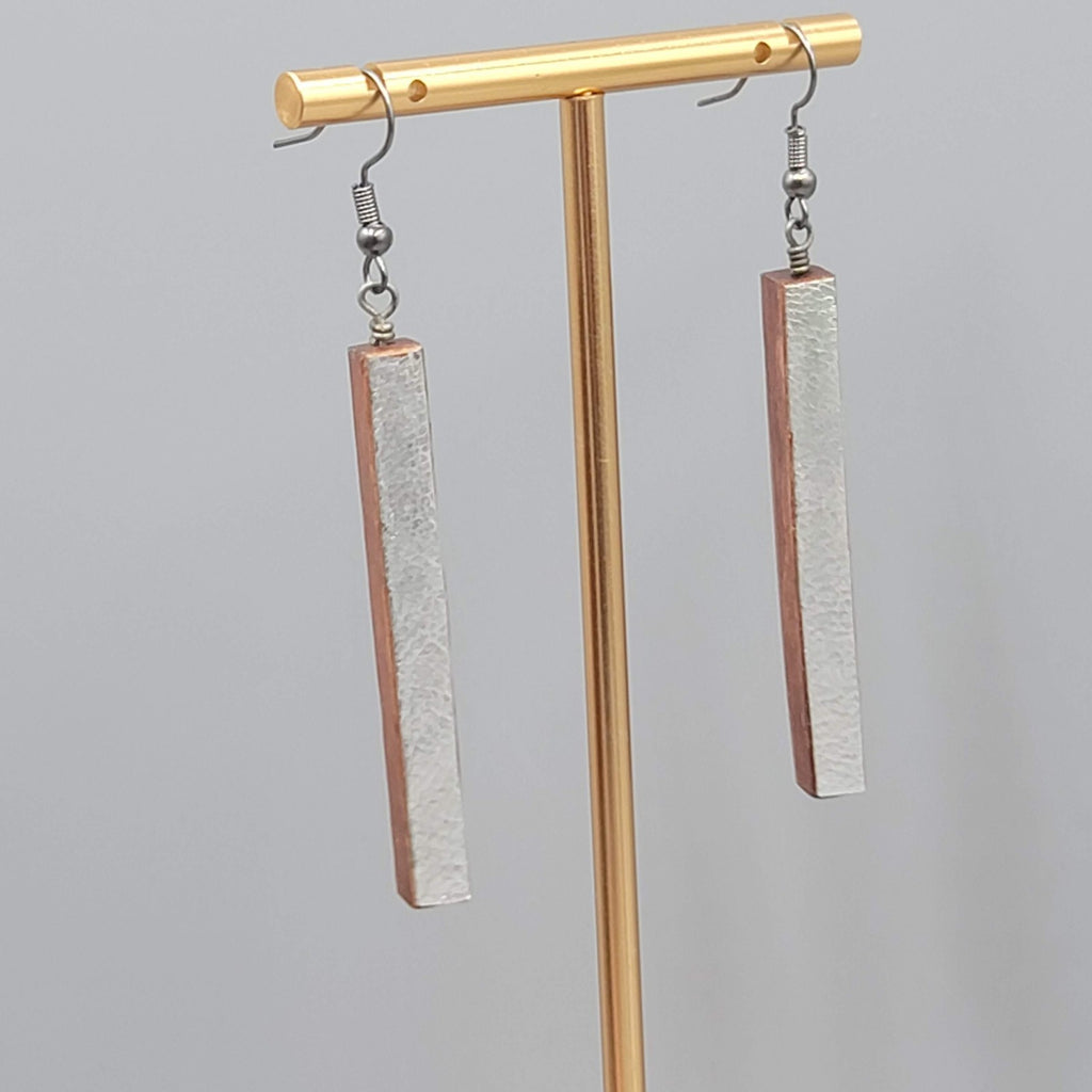 Long Wood Pierced Earrings Silver tone Dangle  2.25"