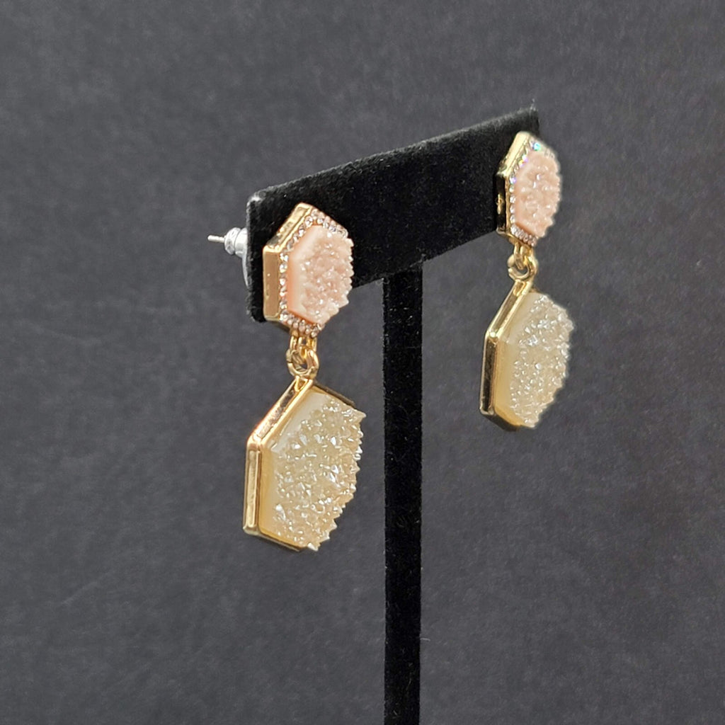 Sugar Fix Pierced Earrings Acrylic Pink Druzy Hexagon Dangle Gold tone 1.5"