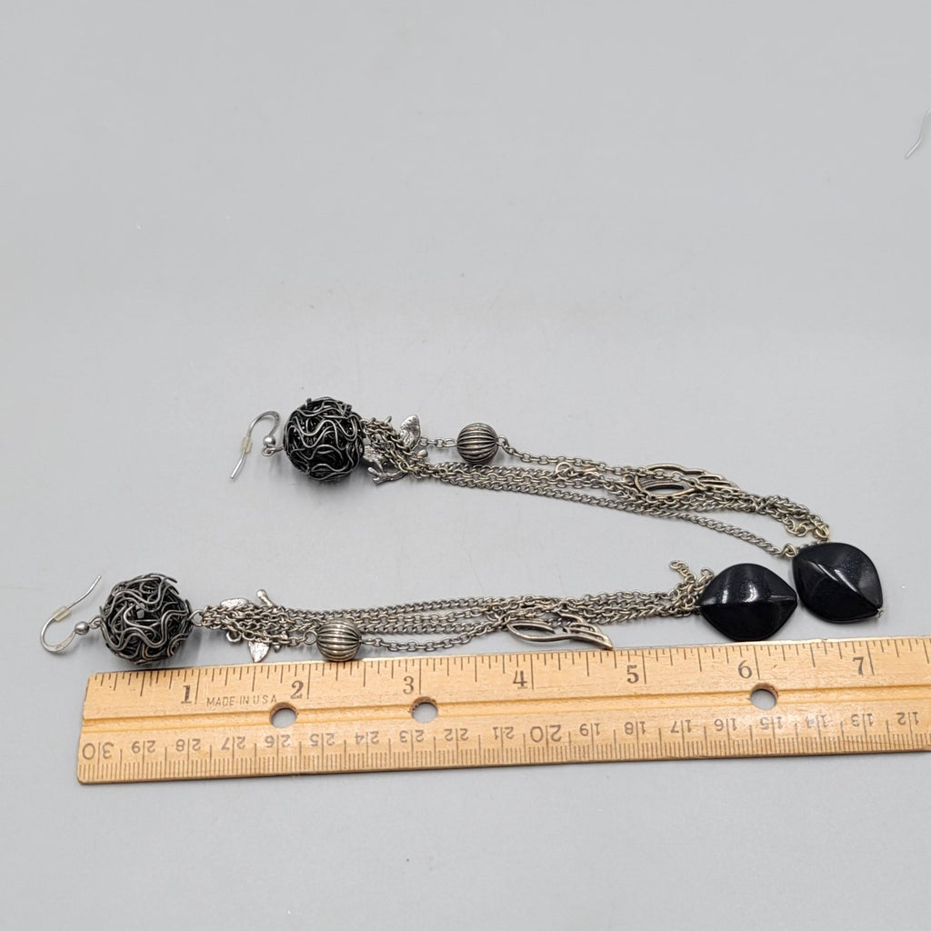 Extra Long Pierced Earrings Dark Gray Metal Bead Charms Dangle Chains 6.5 in