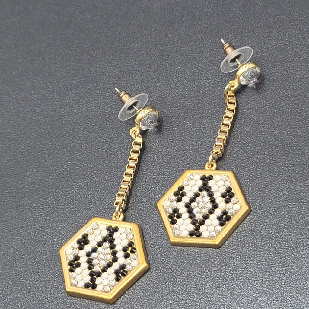 Pierced Earrings Gold Plated Rhinestone Studded Hexagon Dangle Chain Signed 