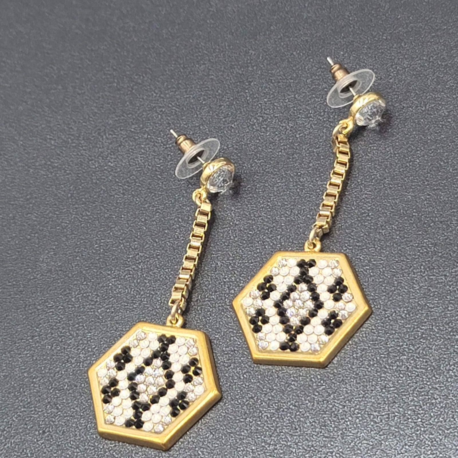 Pierced Earrings Gold Plated Rhinestone Studded Hexagon Dangle Chain Signed 