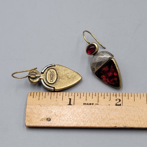 Chicos Pierced Earrings Two toned Red Rhinestone Drop 1 1/8"