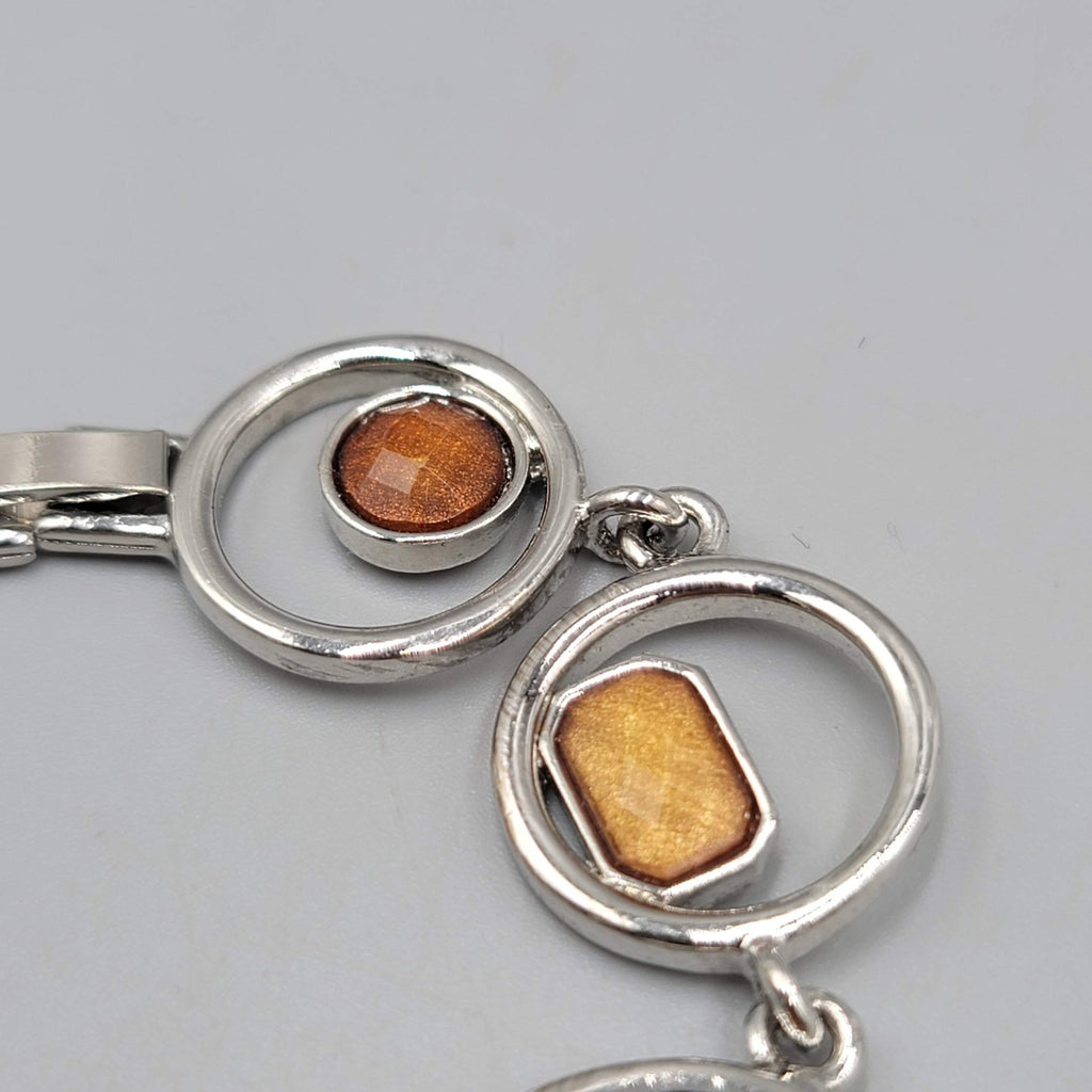 Silver tone Bracelet Orange Resin Accents Modernist 6.75"