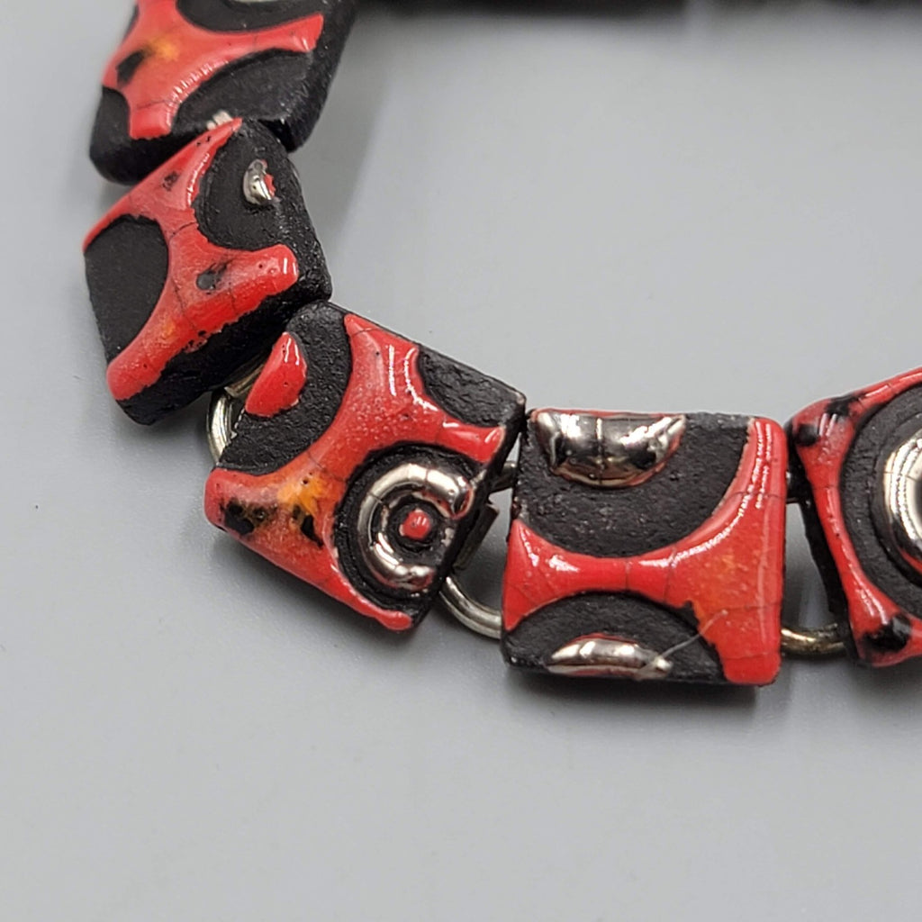 Vintage Artisan Link Bracelet Red Polymer Geometric Squares Silver Tone 7"