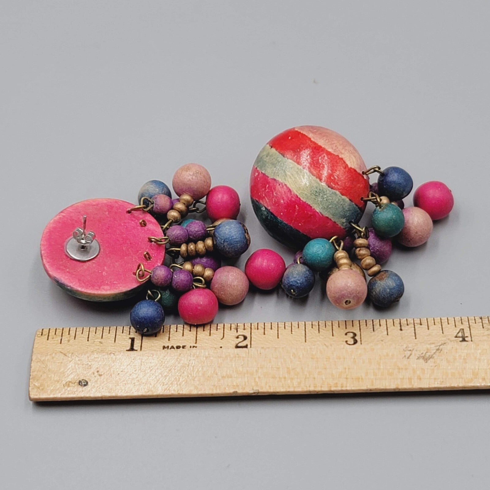 Vintage Painted Wood Statement Pierced Earrings Multicolor Beads 2"