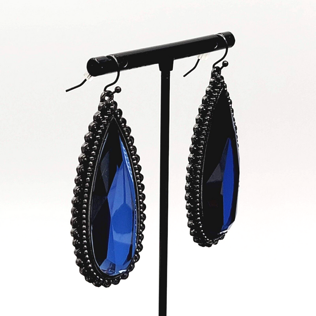 Pierced Earrings Black Metal Large Blue Glass Faceted Teardrop Gothic 2 1/8"