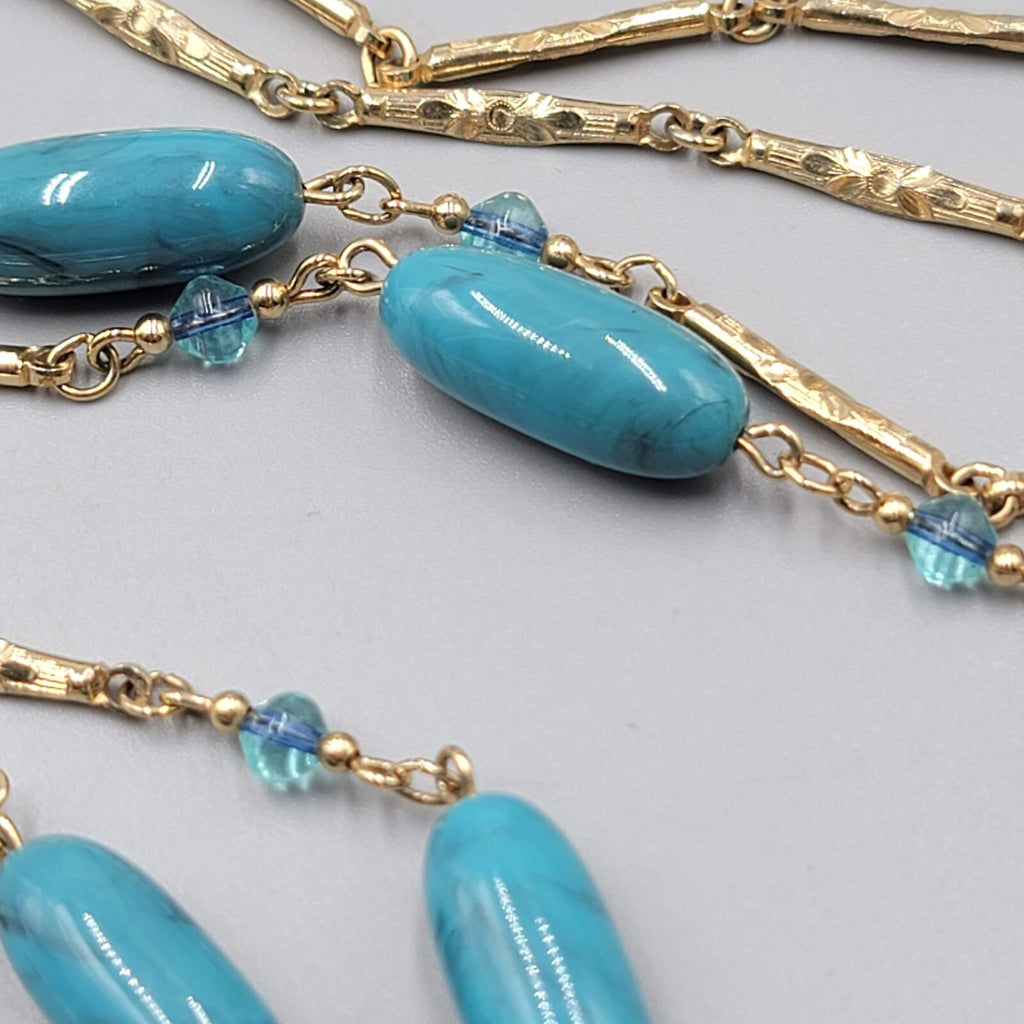 Vintage Sarah Cov Long Station Necklace Blue Bead Gold tone Bar Chain 36"
