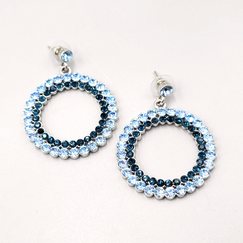 Blue Rhinestone Pierced Earrings Silver tone Open Circle Dangle 1 5/8"