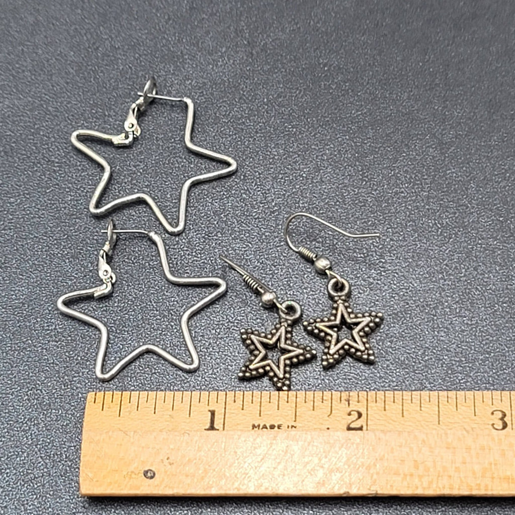 Lot of 2 Pierced Earrings Silver tone STARS Dangle Hoops