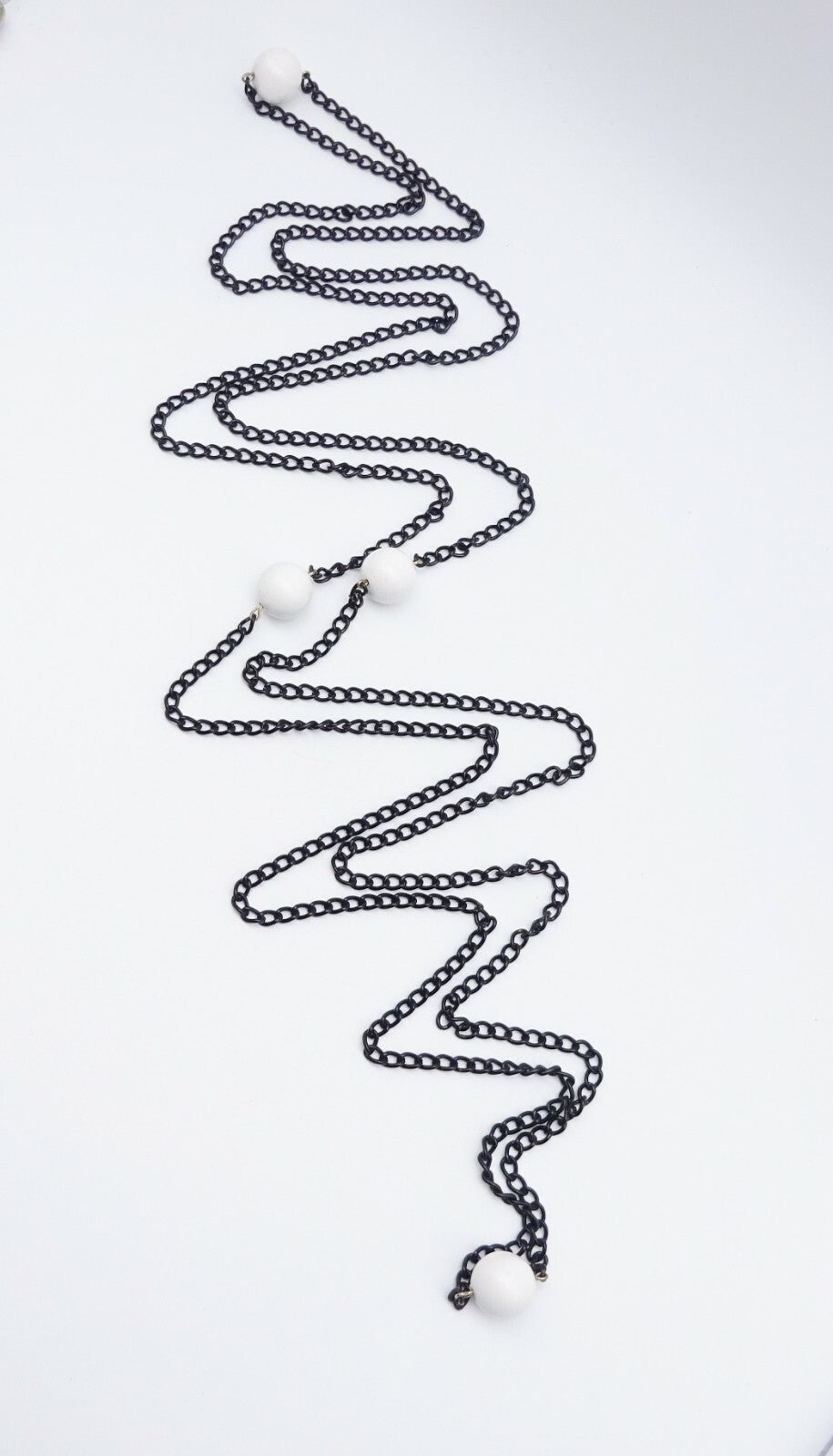 Vintage Black Chain & White Bead LONG Necklace Estate Costume Jewelry 88"