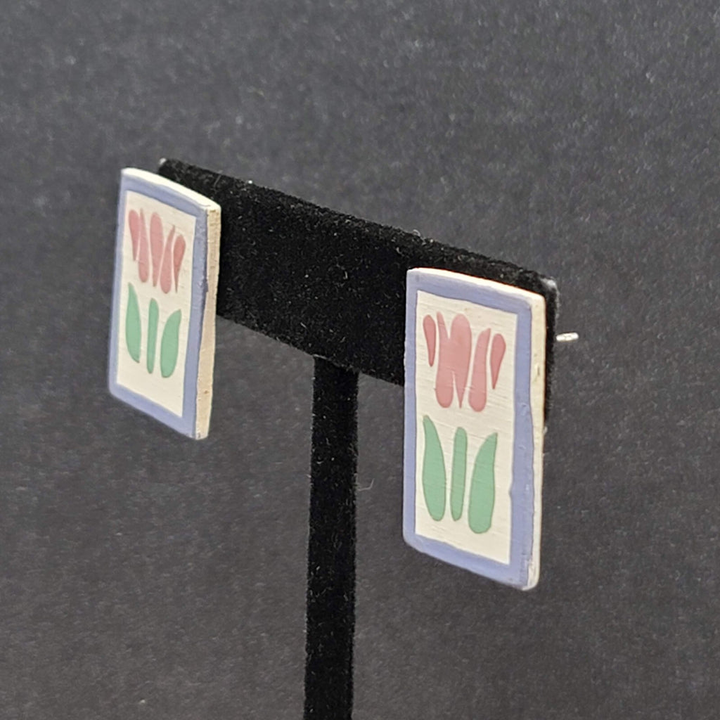 Vintage Tulip Flower Pierced Earrings Hand Painted Wood Rectangle Drop 1"