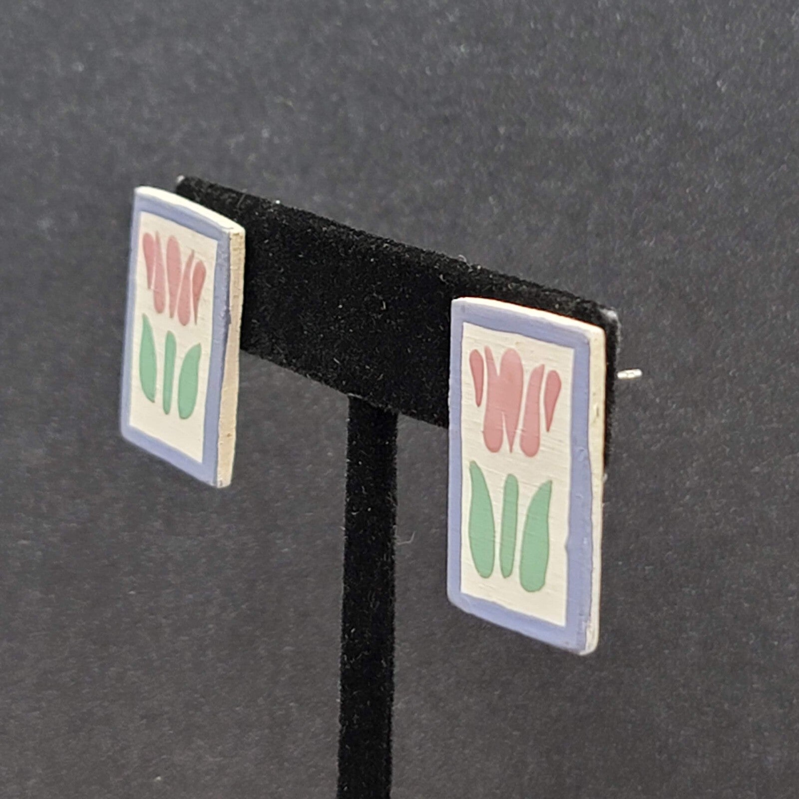 Vintage Tulip Flower Pierced Earrings Hand Painted Wood Rectangle Drop 1"