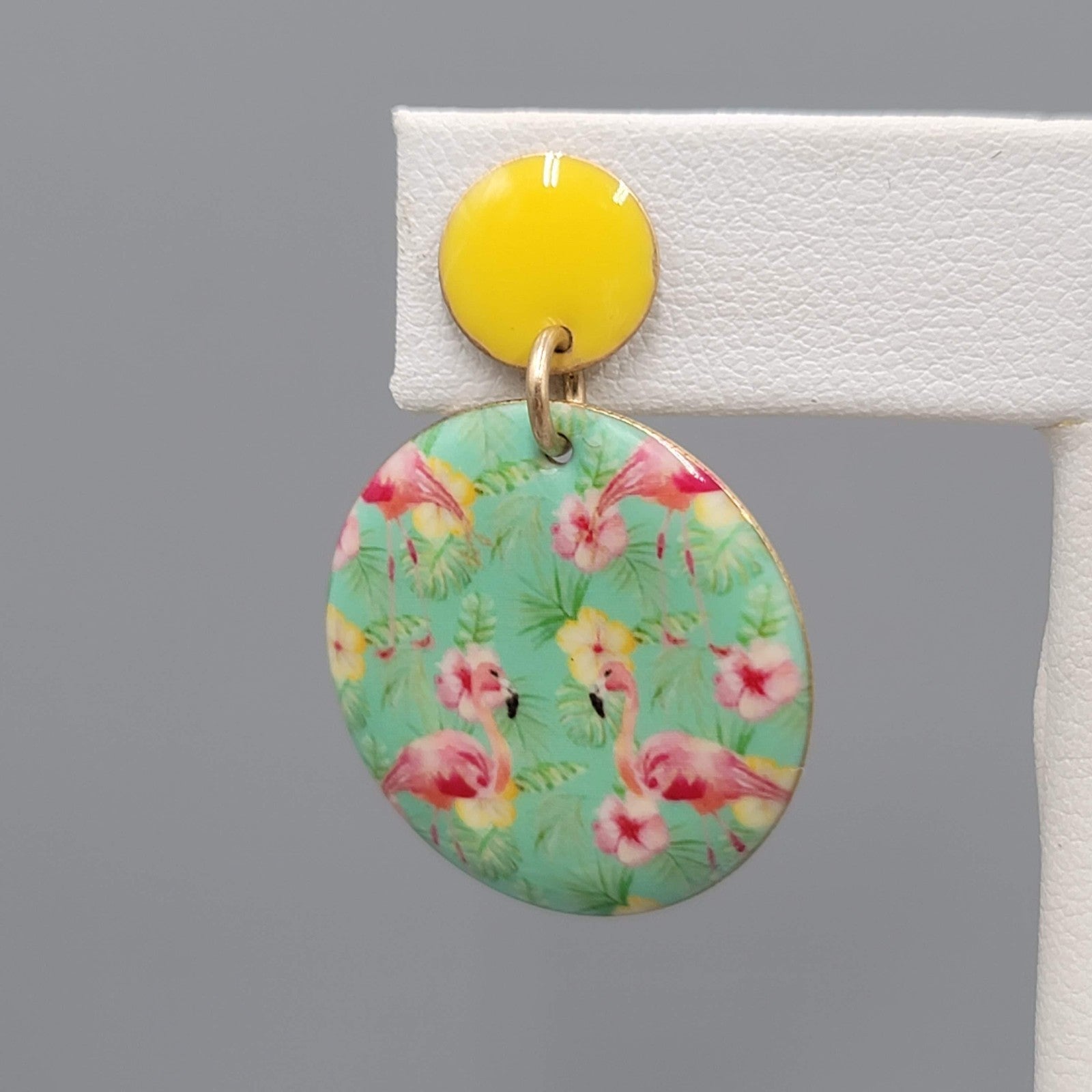 Pink Flamingo Pierced Earrings Yellow Enamel Round Dangle 1 3/8 in