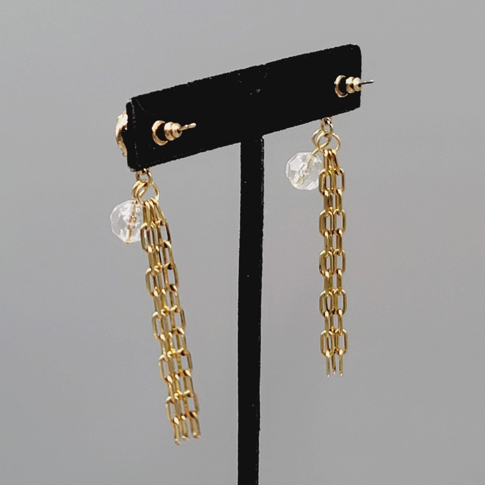 Gold tone Dangle Chains Pierced Earrings Translucent Rhinestone 2.5"
