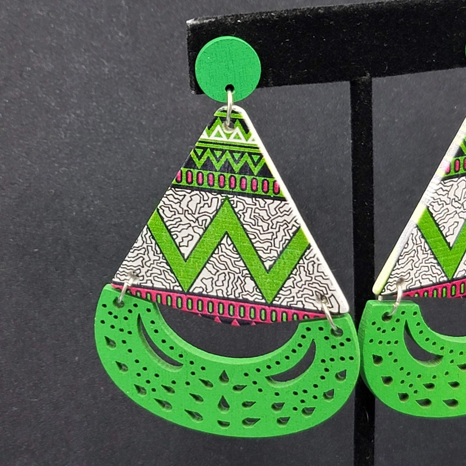 Pierced Earrings Green Multicolor Wood Statement Dangle Large 3"