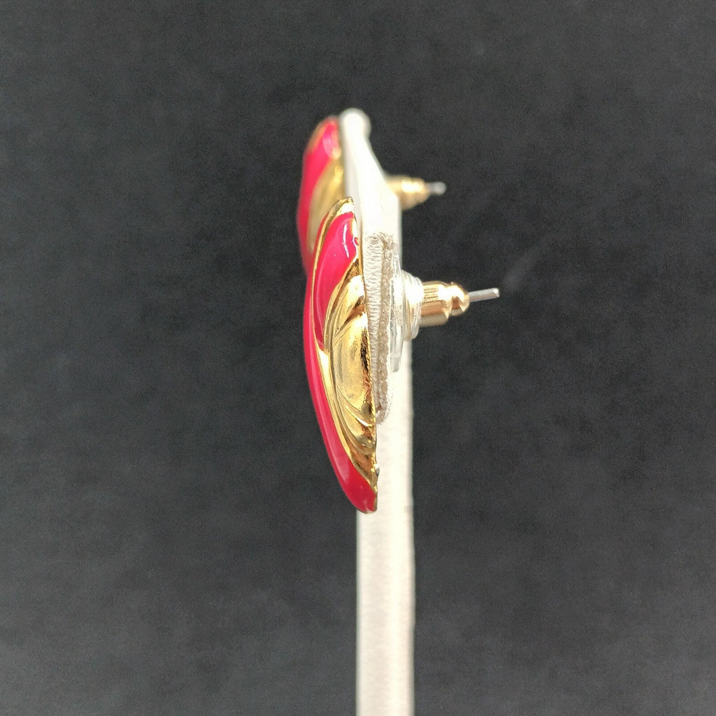 Vintage Pierced Earrings Red Enamel Infinity Gold tone Oval Drop 1"
