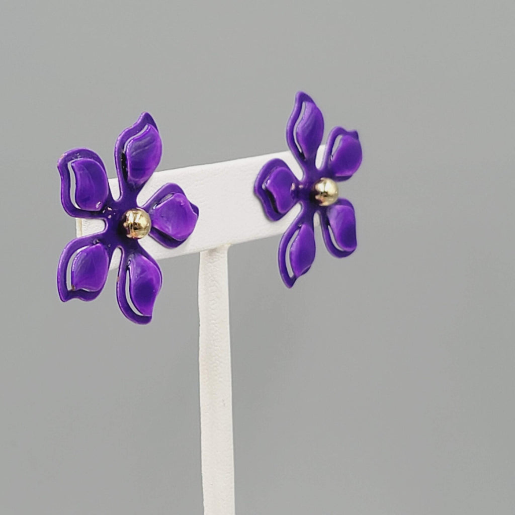 Purple Enamel Flower Jacket Pierced Earrings Gold tone Stud 1.25"