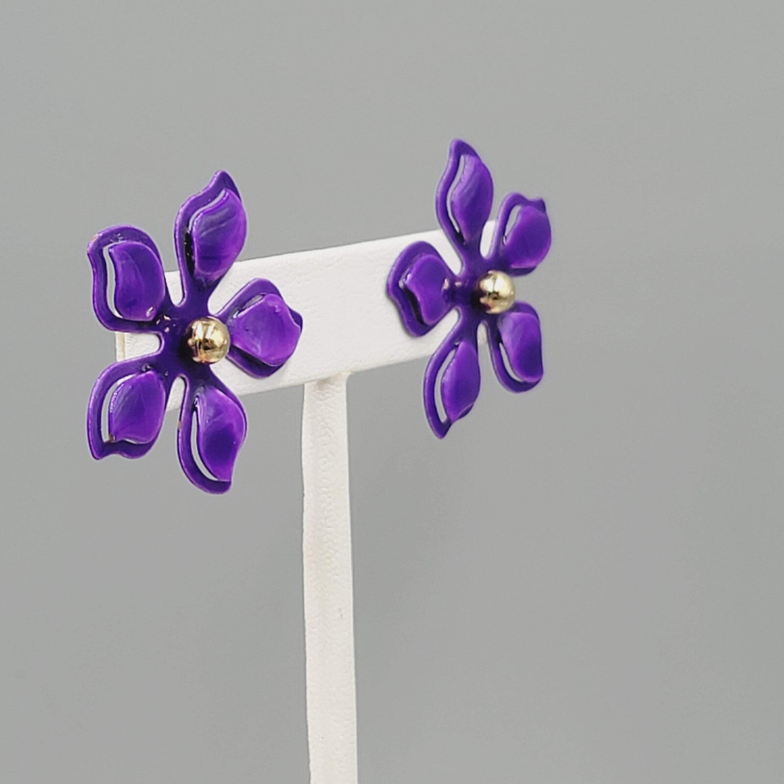 Purple Enamel Flower Jacket Pierced Earrings Gold tone Stud 1.25"