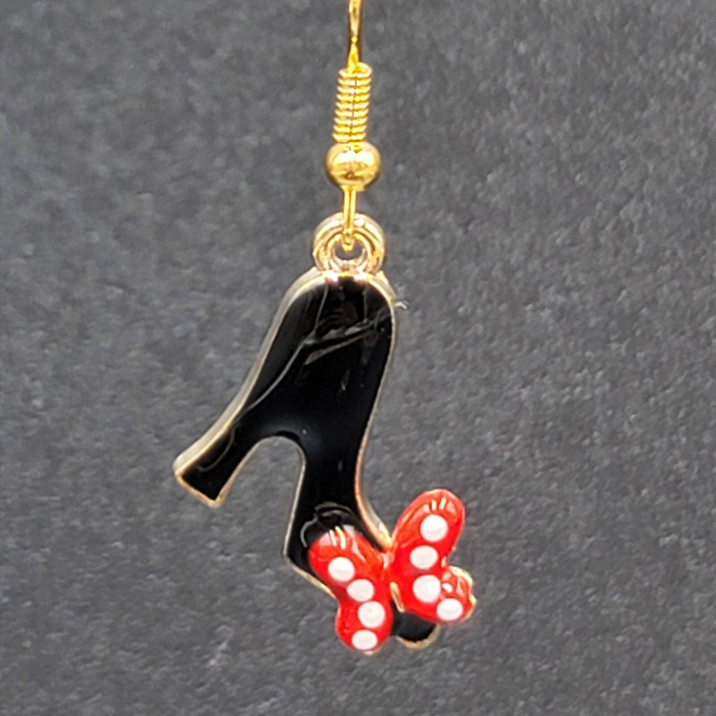 High Heel Shoes Pierced Earrings Gold tone Red Black Enamel Dangle 1"