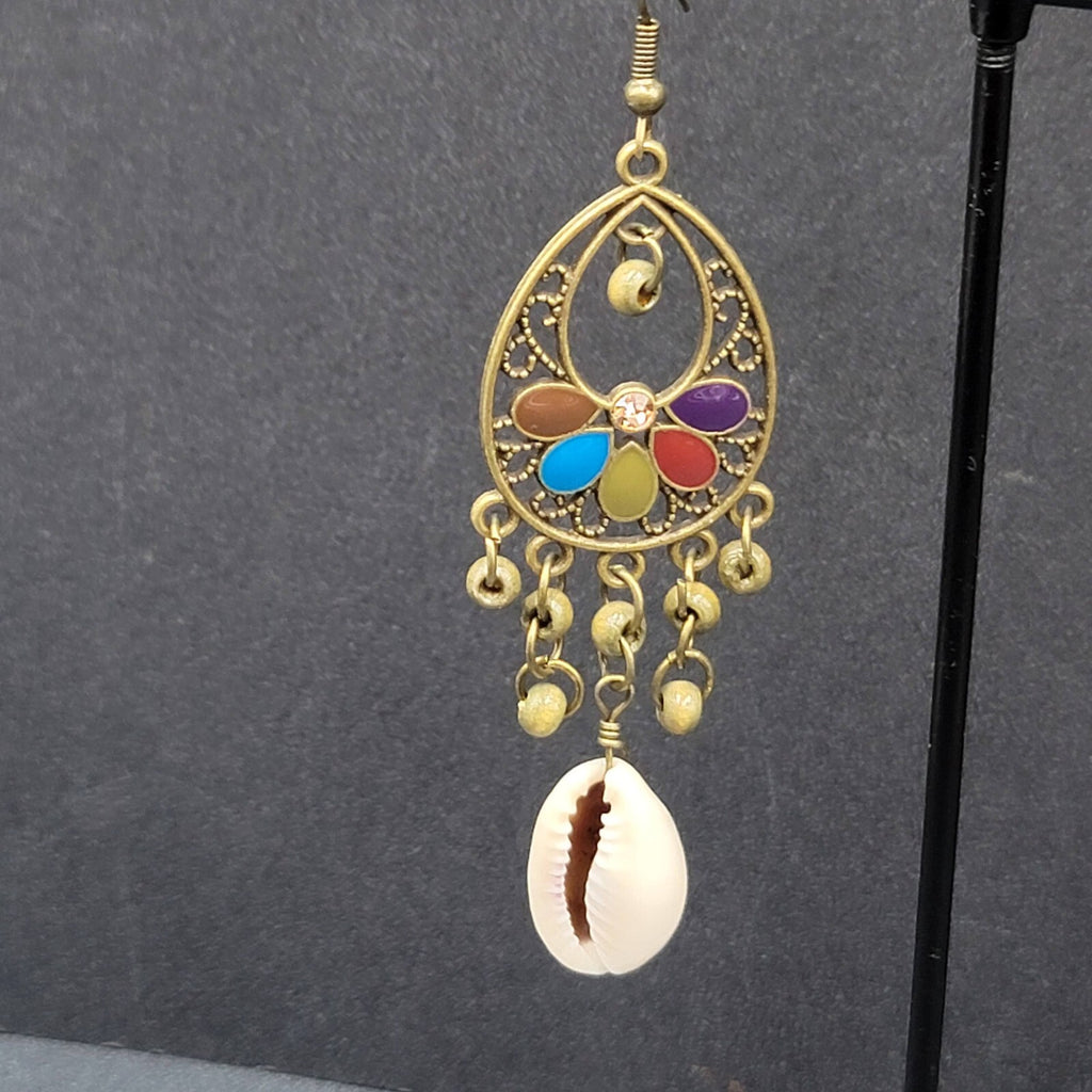 New Boho Pierced Earrings Bronze tone Multicolor Enamel Cowrie Shell 2.5"