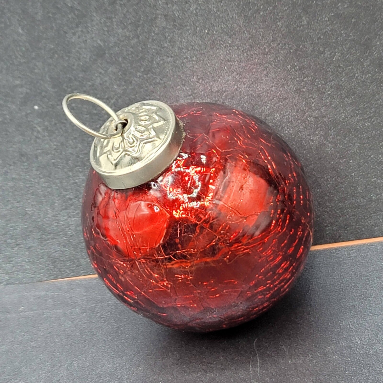Vintage Kugel Style Red Blown Glass Ball Christmas Ornament Silver top 2"