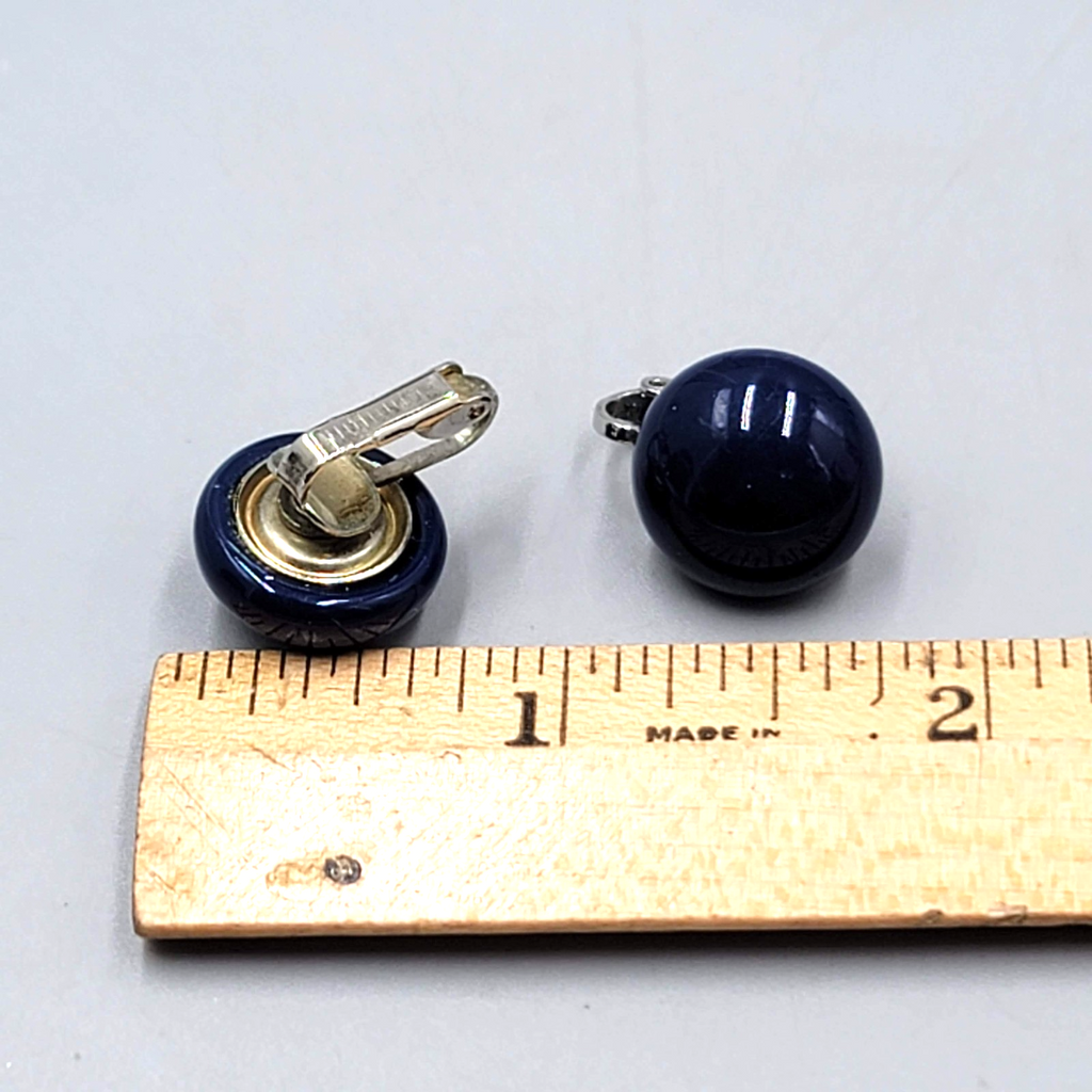 Vintage Navy Blue Round Stud Clip on Earrings 5/8"