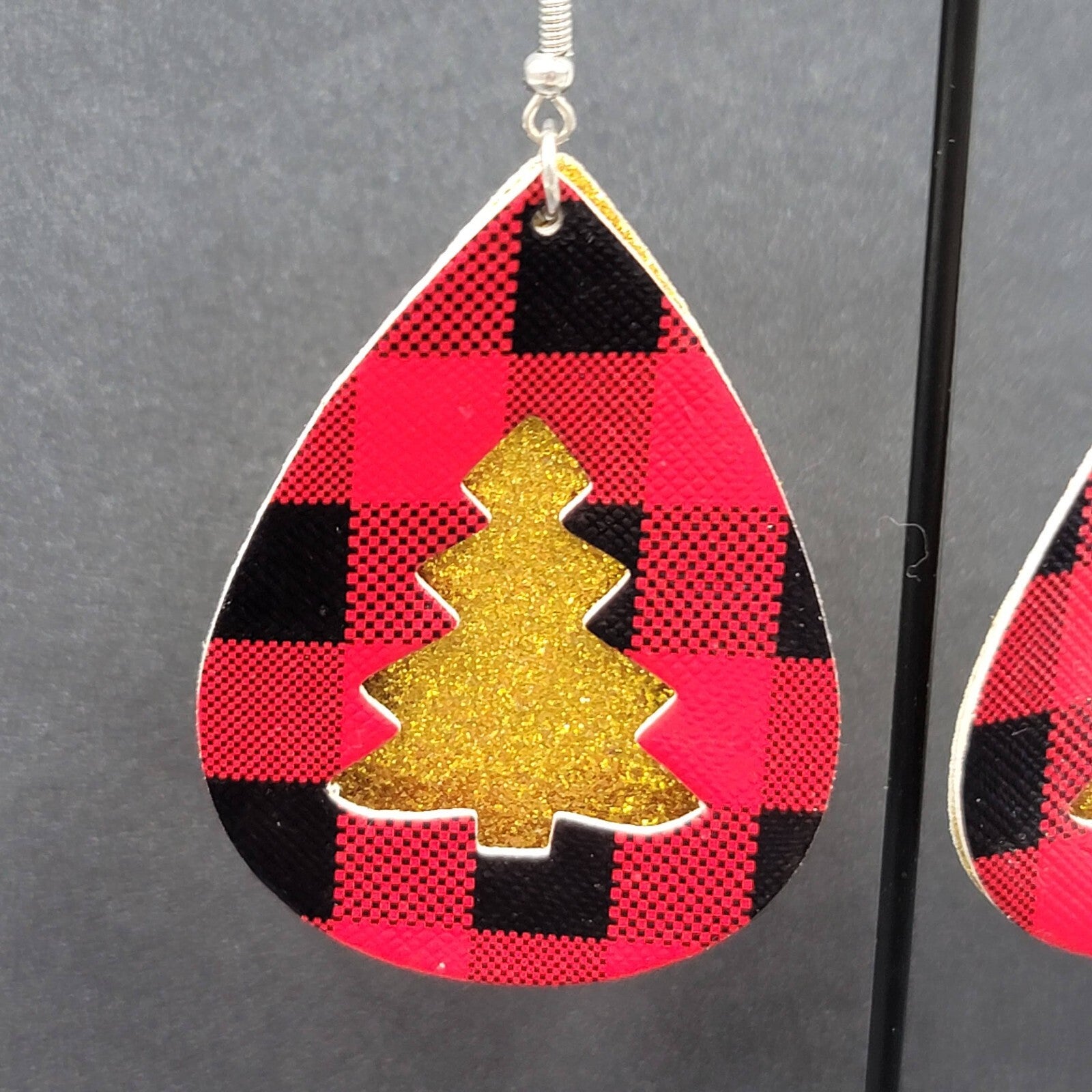 Pierced Earrings Faux Leather Gold Glitter Tree Red Plaid Silvertone Dangle 2.5"