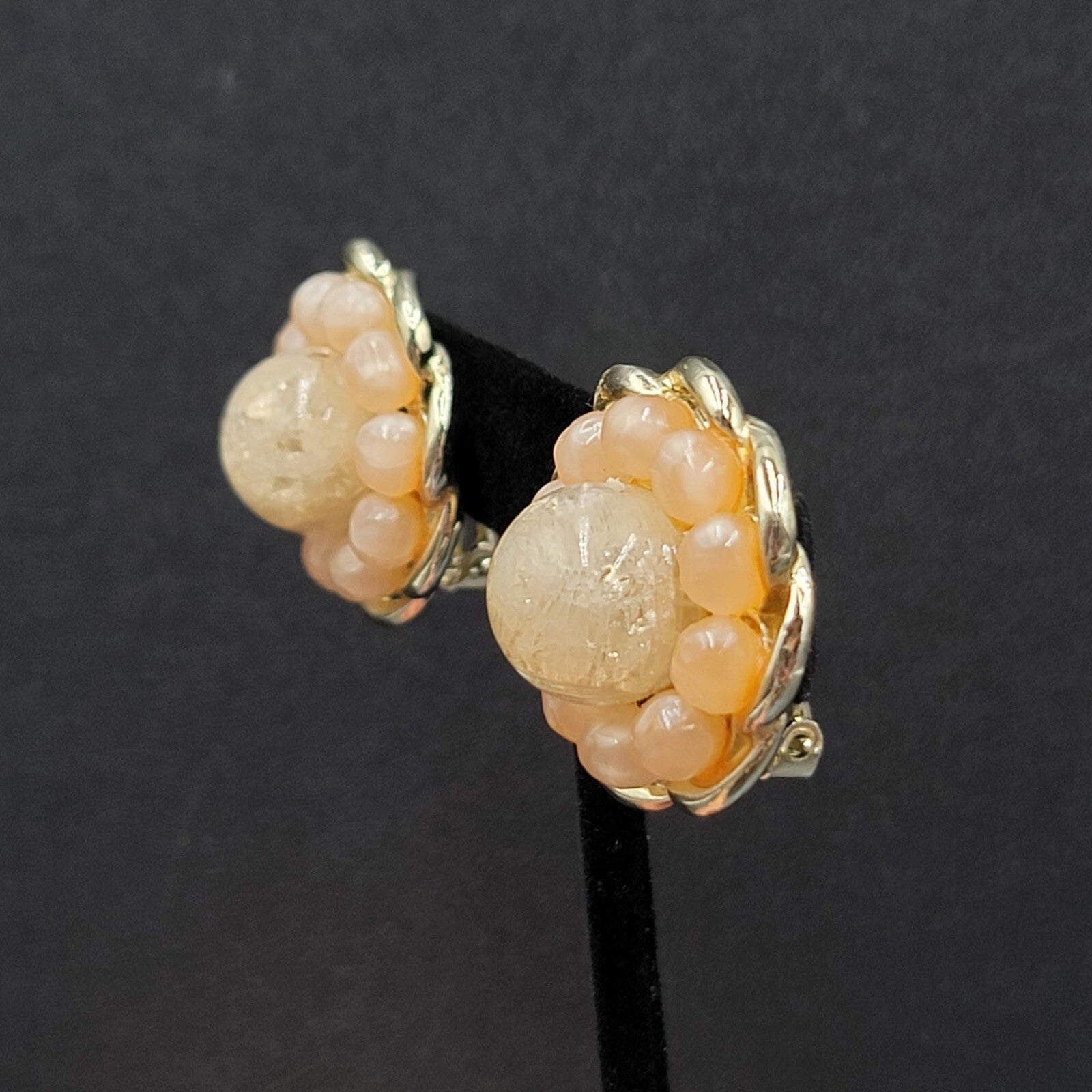 Vintage Coro Clip on Earrings Peach and White Cluster Bead 1 1/8"